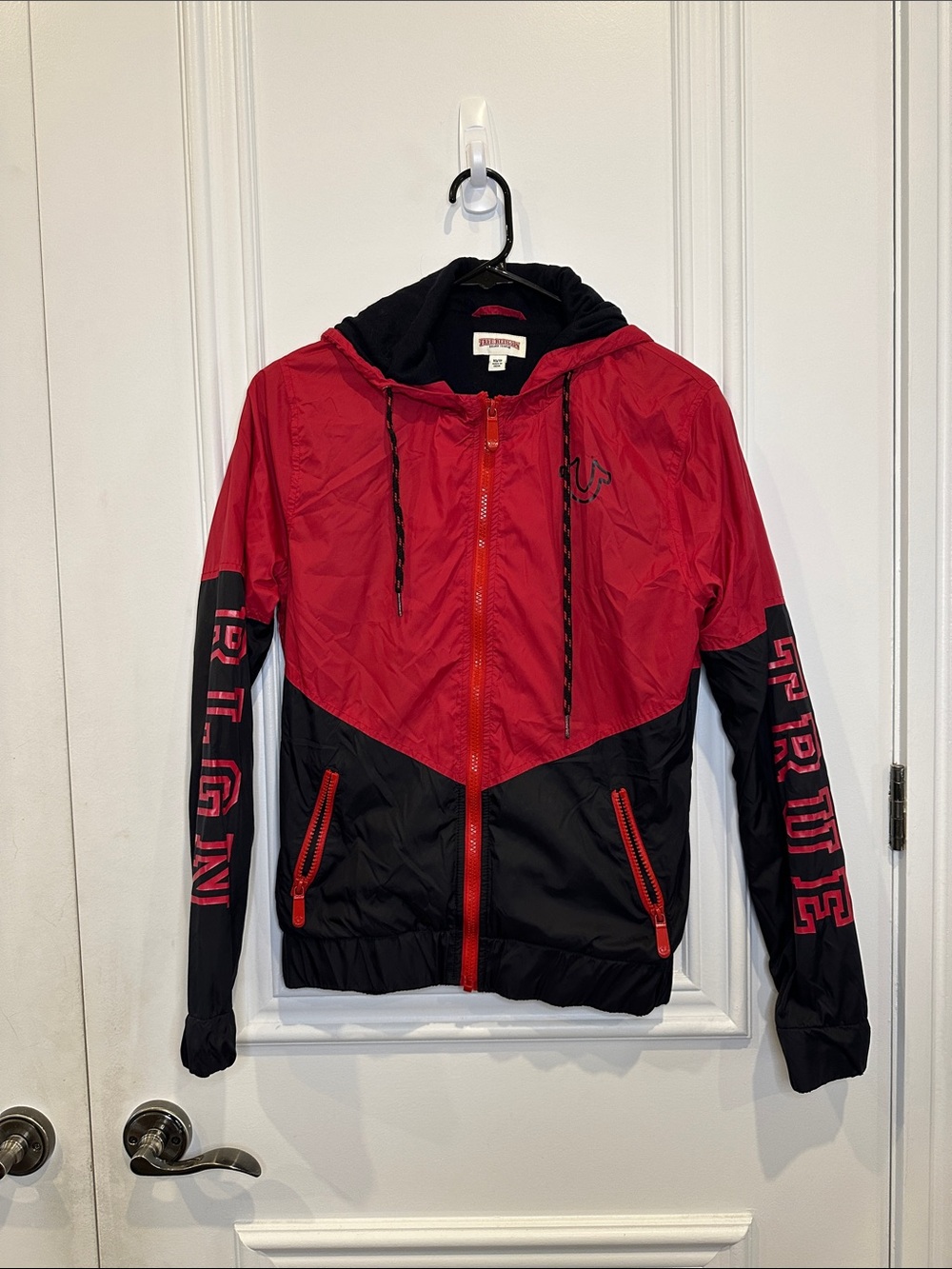 True Religion Red and Black Men's Hooded Puffer Jacket